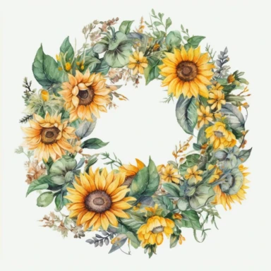water color sunflower, circle wreath, clipart, flower and leaves, beautiful, detailed, wedding invites, white background