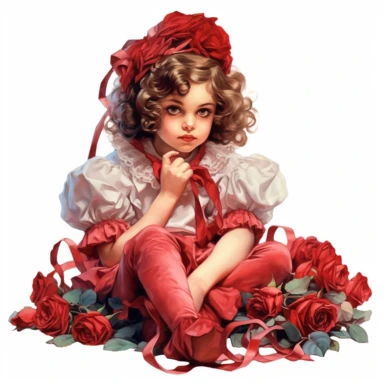 adorable little vintage royal girl sitting on a bunch of big ruby red roses and ribbons, laces, face looking straight, full body, oil clipart style, accurate details, oil painting technique, super high quality, professional watercolor clipart, high resolution, 8k