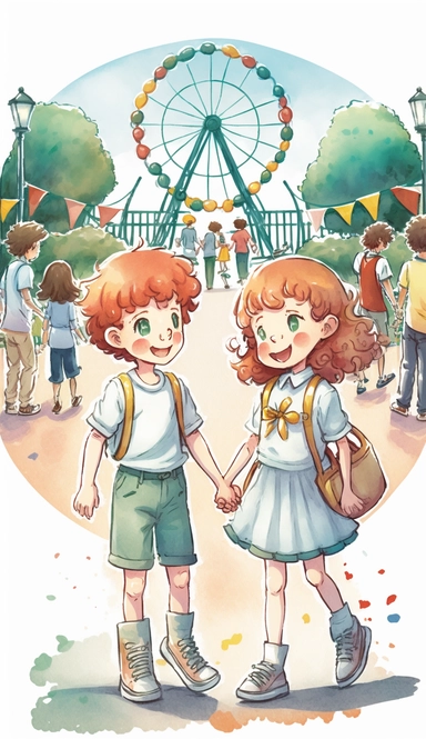Children's amusement park, Children's Day, various activities, joyful, visitors dressed in colorful clothing, huge Ferris wheels, roller coasters, roasted corn, cotton candy.dont hold hands,illustration for book, children's book, multiple positions,manga style,Watercolor Clipart, strybk, full Illustration, 4k, sharp focus, watercolor, smooth soft skin, symmetrical, soft lighting, detailed face, concept art, watercolor style, strybk, children's style fairy tales, chibi kawaii, . Octane rendering,