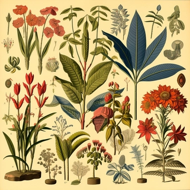 Clipart, vintage, Botanical prints from the 1800s representing the diverse plant life of the South American rainforests, hand draw