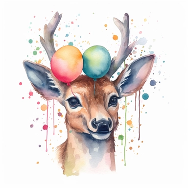 please create watercolor clipart of a DEER smiling, wearing party BALOONS AND GUM and bubbles, colorful, WHITE BACKGROUND