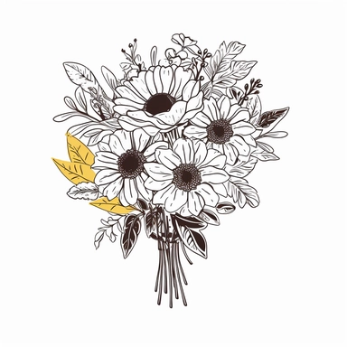 vector illustration, hand drawn, elegant floral bouquet with sunflowers, silhouette, outline svg, clipart, sunflower wedding bouquet, all white background