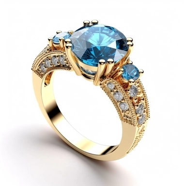 jewellery gold engagement ring with blue stone and diamonds digital clipart on white background