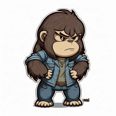 small cute anthropomorphic Chibi gorilla animal, dressed like a woman, wearing jeans and t-shirt, clipart, in sticker style, in comics style, cell shading