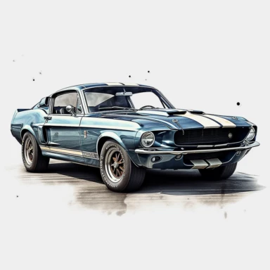 Capture the essence of freedom and power with a 1967 Ford Shelby GT500 clipart composed in large ink blocks, embodying the spirit of American muscle car culture. In HD on a white background.