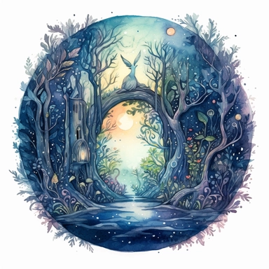 watercolor, hyper realistic, white background, white margins, 16k, ultra detailed clipart, cut out image, hand-drawn, whimsical a magical portal hidden deep in the heart of a dark forest with swirling colors and glowing runes. The color scheme should be a blend of deep blues, purples, and greens with hints of silver and gold.