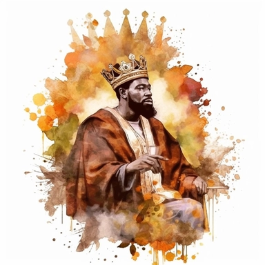 Watercolor floral African American king with a crown, radiating with fire in a pulpit, realism, earth tone colors, png format,Clipart, Sublimation, white background