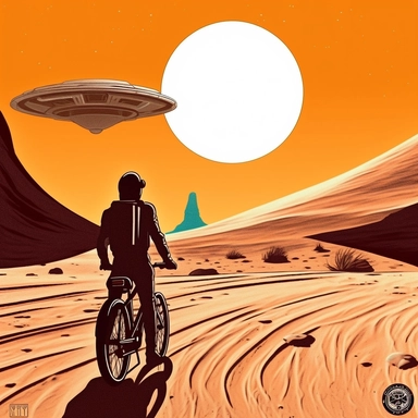 campaign bike dowhnill with man in bike in the desert with sci fi star wars outft, logo, clip art, artwork, american style