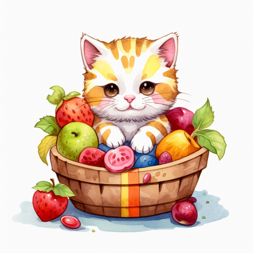 Clipart of a cute cat eating fruits kawaii style full multicolor white ...