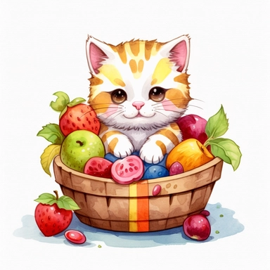 Clipart of a cute cat eating fruits kawaii style full multicolor white background