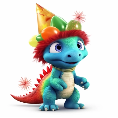 create a cute rainbow color jungle and red baby dinosaur wearing a party cap, Pixar animation style, dark colors, deep eyes, and clipart on white background