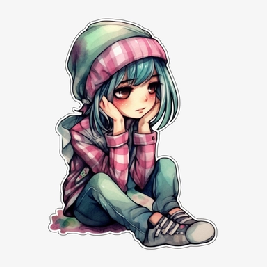 Watercolor, cure emo girl, clipart, sticker, white background