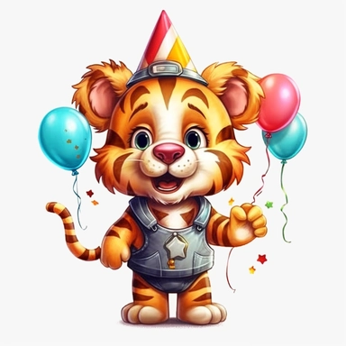 cute Tiger character wearing birthday clothes and birthday element with happy face,front facing on isolated background,with happy face and expression,Animal Sublimation Clipart,no splash watercolor,white background, ultra detailed clipart, cut out image, colorful watercolor realistic, cartoon style, ultra HD, sharp and clean art