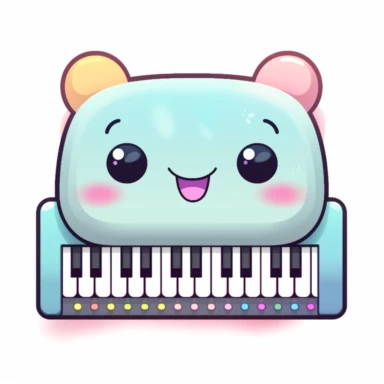 Cute clipart icon of musical keyboard, kawaii, anime style, in white background, soft color blending, rounded