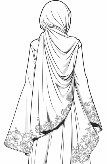 coloring page of a Hijabi woman back view clipart, muslim lady clipart, veiled woman clipart, floral lady hijab clipart , coloring book page for teens, no text, clean and simple line art