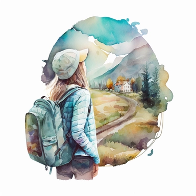 Beautiful travel themed design. Young girl with backpack looking at the landscape. Road illustration. Camping concept clipart. on a white background, watercolor, hyperrealism, high detail, separate elements, set