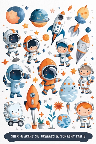 a whimsical cute space-themed cartoon clipart collection featuring rockets, planets, astronauts, and stars in shades of blue, orange, grey, and white on white background with margins, watercolor, sprite sheet, 2d, icon, sticker art