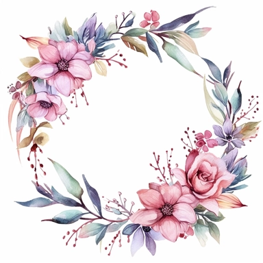 beautiful watercolor floral wreath with decorative elements, flowers, leaves, clipart, isolated on white background, bojo, vintage, lithograph, 32k uhd, texture