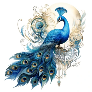 Watercolor intricate steampunk illustration of peacock with blue sapphire, clipart on white background, HQ, HD