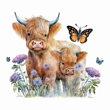 watercolor clipart: cute highland cow and playful calf amid a garden of butterflies, flowers, and adorned with glasses, hats, and scarves. HD quality. Isolated white background. No text. Resolution: