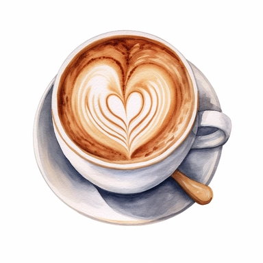 realistic high detailed watercolor overhead view of a cup of coffee with a heart latte art clipart, white background,