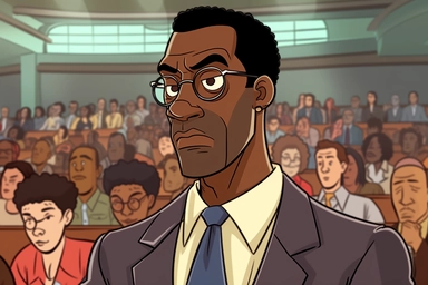 cartoon black man-court worker on the background of a clipart, in the style of the Quito school, #vfxfriday, surprisingly absurd, hd, female style, american barbizon school, strong lines