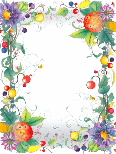 narrow vignette along the sides and the corners of the picture, little cute wild bright floral clipart faces and flowers and berries vignette, soff pastel blank center of the picture,