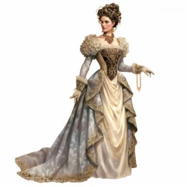 A Victorian lady in a victorian outfit. Her poised expression and magnetic gaze draw you into her world of Victorian splendor. Against a white background, the intricate details of her attire, including the flowing silhouette and intricate drapery, are depicted with exceptional detail and lifelike realism. Clipart, watercolor, white background, intricate detail, unreal engine cinematic smooth