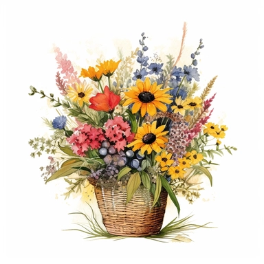 Watercolour Meadow-Inspired bouquet Extra large, Create a meadow-inspired arrangement by combining native UK and American flowers that bloom in meadows, Mix cowslips, cornflowers, and red campions from the UK with black-eyed Susans, goldenrods, and butterfly weeds from Americaplanted in a large basket watercolour flower arrangement, clipart, vector, intermingled with greenery, white background, no captions, no vase, flower bed setting, aspect 2:2 repeat 5