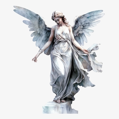 angel statue watercolour in the style of digital airbrushing, realistic yet stylized, digitally enhanced, elaborate costumes, 32k uhd, clipart, white background