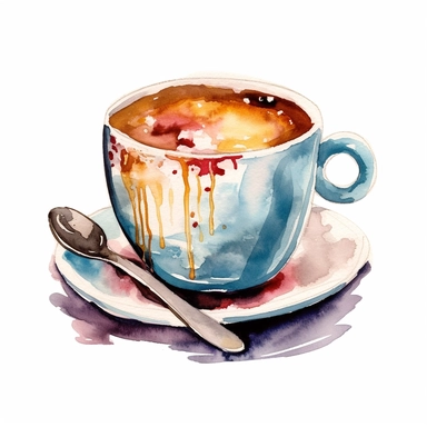 a Coffee cup with a nice froth design in the style of watercolour clipart with detailed brush strokes
