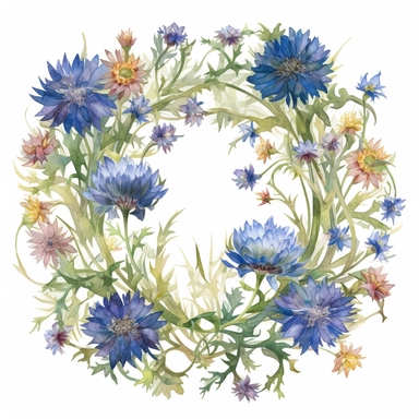 Watercolor Painting of beautiful multi - headed Bachelor's Button Wreath FLOWERS on white background DETAILED ILUSTRATION, Flora Design Patterns, Flemish Baroque by Rachel Ruysch, Behance, Rococo, Intricate Detailed, Soft Light Effect, Oil Paint Strokes, Light Academia Aesthetic Flowers, Lighting cinematic, all shown shimmering stamens, tyndall light, texture, colorful, 8k, fantasy, ray tracing, vivid, spectacular lighting, octane rendering, highly detailed, ultra - realistic, white background, 