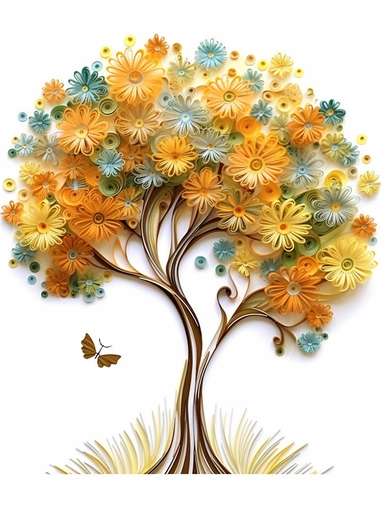 africa accacia tree art of quilling clipart, gold and glory pastel mute soft colors, illustration, white solid background,