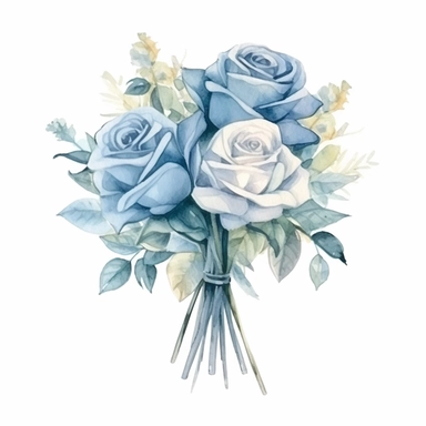 Watercolor dusty blue four roses clipart, four roses bouquet, muted color faded, white background