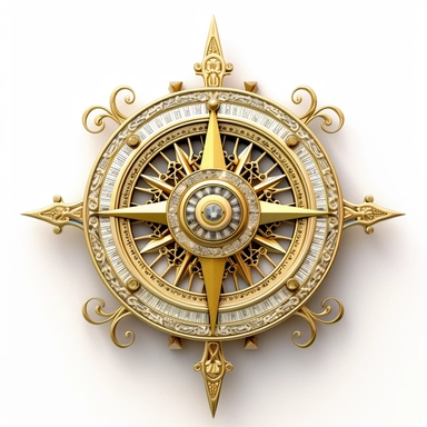 Design an extraordinary clipart of a fairy tale-inspired compass against a pristine white background. The compass should have a golden, filigree design, with a delicate crystal replacing the needle. Depict ancient symbols of guidance and destiny on the compass markings.