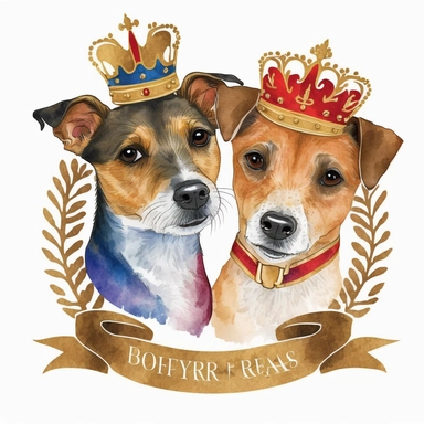 vibrant colourful watercolour clipart svg white background of 2 smiling happy Jack Russell terrier dogs. 1st dog is brown an black fur the 2nd is light brown both are smiling, both wearing a large gold King crown on heads, place each dog face in thick shinny gold ornate frame made from gold leaves, both dogs are wearing a colourful vibrant red an blue union jack dog collar, a personlised banner at the bottom to write someone's name on.