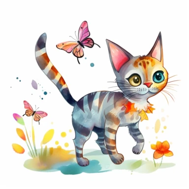 Playful watercolor clipart of a cute cat chasing a butterfly, capturing the playful and fun side of pets, with vibrant colors and soft details, perfect for a t-shirt design, delightful and charming, high-quality illustration, hand-painted with love, a great addition to any project.