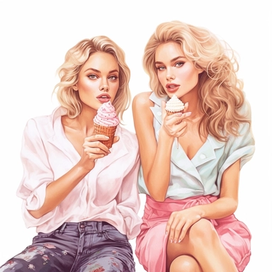beauty girls eating ice creams on a party digital clipart on white background