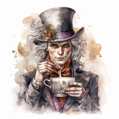 the mad hatter: a young handsome man with grey hair wearing a very big steampunk hat and mechanical coat, and a metallic cup of tea in his hand. He's having a tea party on a tebla full of tea and pastries. Realistic watercolor portrait, crisp white background, clipart