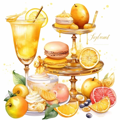 sweet colorful, gold, watercolor, honey Lemons Clipart, Macaron,boba drink, lemon drink,variety of fruit juice drippin, on luxury stand, luxury Icon Set, detailed, isolated white background, hand painting , single design