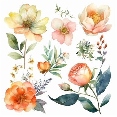 6 watercolor fancy spring clipart, isolated on white background,space out--ar3:2--s1000