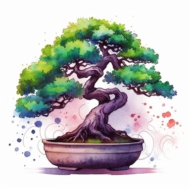 one bonsai tree inked by amanda tirado Watercolor clipart on a white background, in the style of digital gradient blends, rounded, decorative elements, high quality photo, cartoon-like characters, water drops, earth tones, no watermark, text, 300 DPI , typography, shapes do not stick together, no text in the picture, on a white background