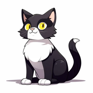 cute cartoon cat, black and white cat, black face with a little bit white by mouth, a lot of white on chest, white paws, black legs, yellow eyes, full body sitting, white background, clip art, vector graphic