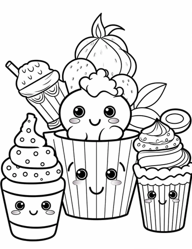 Kawaii Candy with delightful designs and flavors, like blueberry, chocolate chip, and banana For Simple Coloring page,line art, thick lines, black and white,clipart, illustration, on white background,margin Page 10px