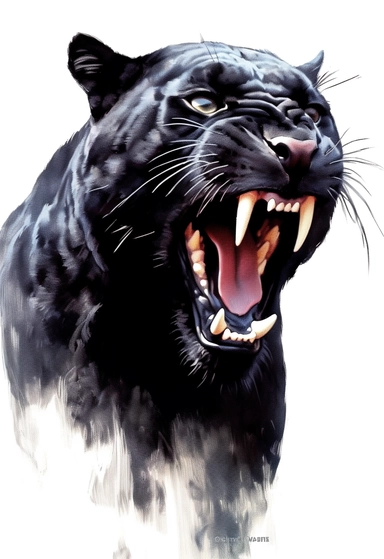 realistic, life like image of a solid black adult panther, with large white fangs showing, watercolor clip art, white background , artist rendition, sharp focus, extreme detail,