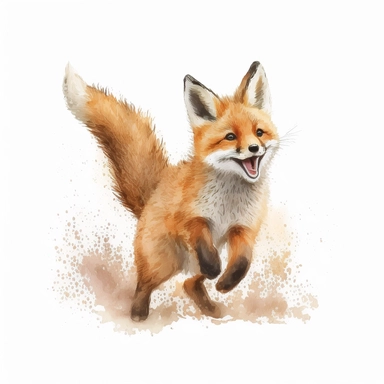 cute baby fox, watercolor clipart, realistic, childlike animal illustration, isolated on white background, Beatrix Potter, clean blended strokes, laughing, running