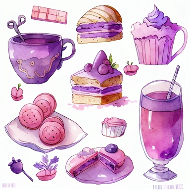 Draw a set of cartoon - style watercolor illustrations of a lavender - themed afternoon tea in shades of purple and pink. The images should have a elegant, refined, and sweet aesthetic, incorporating elements such as lavender - scented desserts, teas, and other culinary items such as macarons, scones, and a teapot. Individual images cliparts