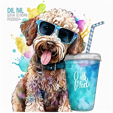 Funny Doodle Dog Watercolor Clipart Sunglasses Cold Drink Cute Doodle Dog PNG Commercial Use Dinking Doodle Dog Cute Illustration PNG Print