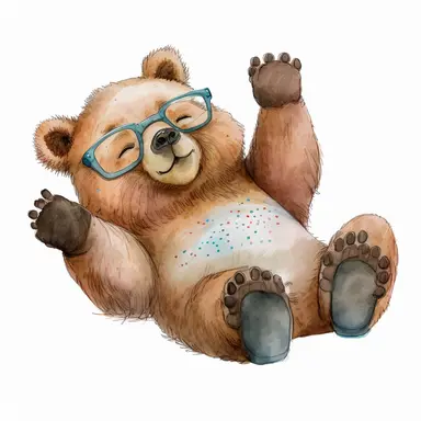 Happy Cute bear clipart, 23. Laying down with a paw over eyes, wearing specs, full poses of Bear, Watercolor style, complete white background