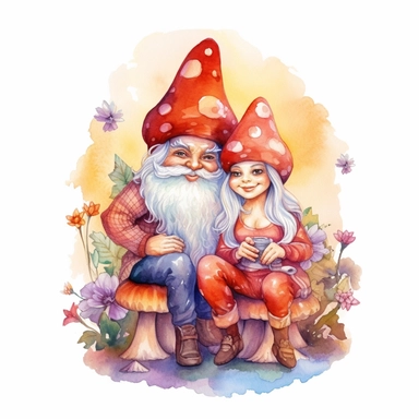 Watercolor magical gnome couple sitting on a toadstool, watercolor clipart on white background, vivid colors, enchanting scene clipart on a white background in the style of feminine sticker art, Tanya Shatseva, storybook illustration, red, white and caramel tones, Georgia O'Keeffe, colored line art, colored outlines, cottagecore design, watercolor on white background, crisp tones, sticker outline, colored line art, colored outlines, iridescent ombre, gradient shading, pure tone, vibrant digital 
